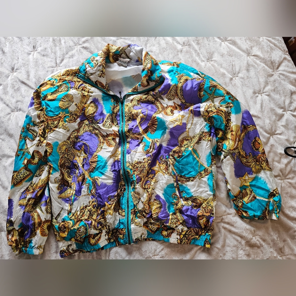 Vintage Out Brook Silk Zip Up Seashell Beach Windbreaker Jacket Small